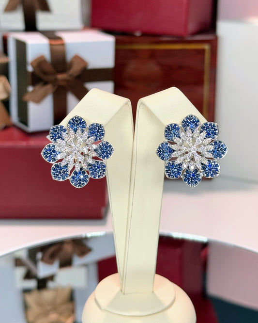 Diamond and Sapphire Flower 14k White Gold Earrings