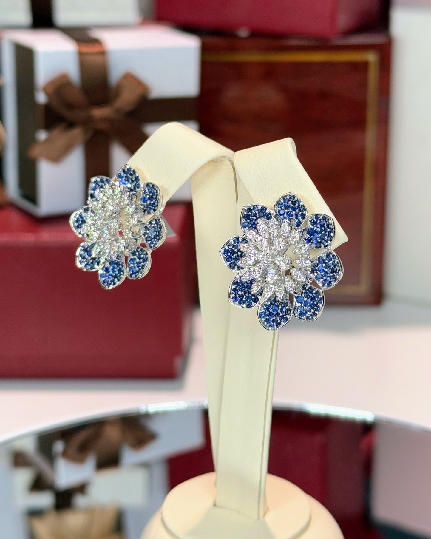 Diamond and Sapphire Flower 14k White Gold Earrings