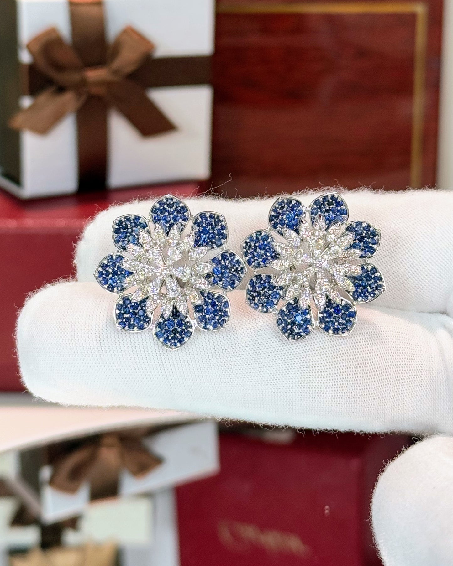Diamond and Sapphire Flower 14k White Gold Earrings