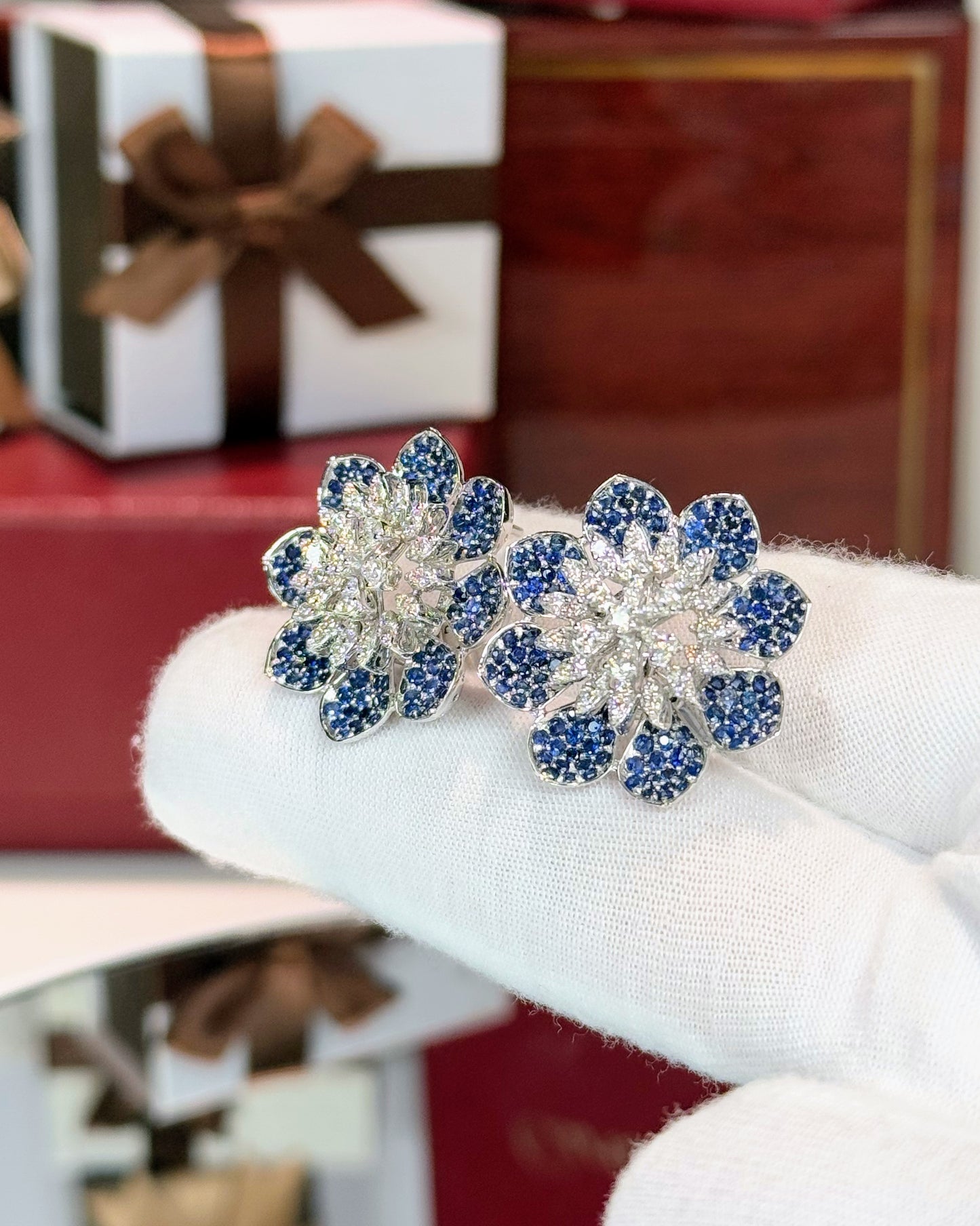 Diamond and Sapphire Flower 14k White Gold Earrings
