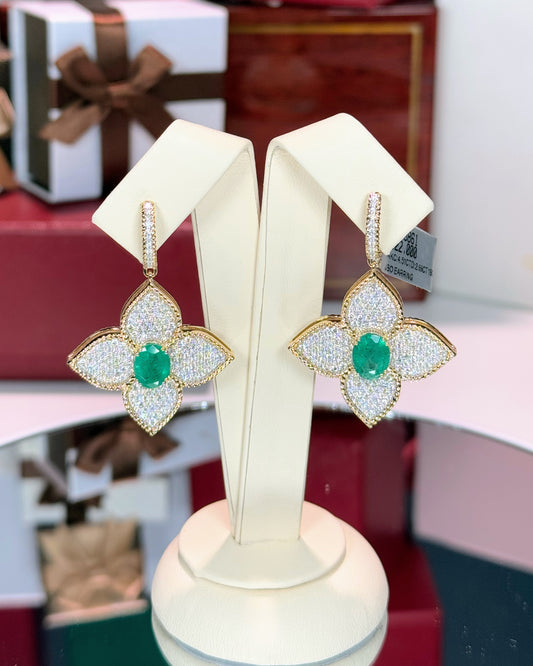 Diamond and Emerald Flower 14k Yellow Gold Earrings