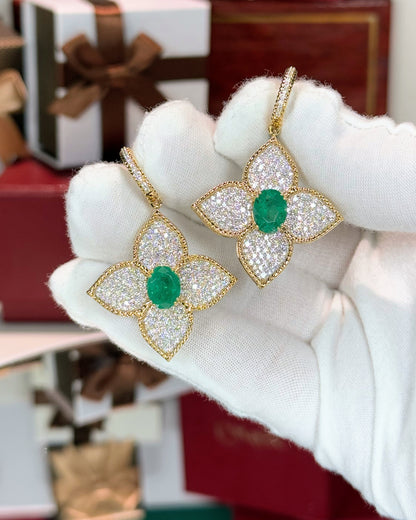 Diamond and Emerald Flower 14k Yellow Gold Earrings