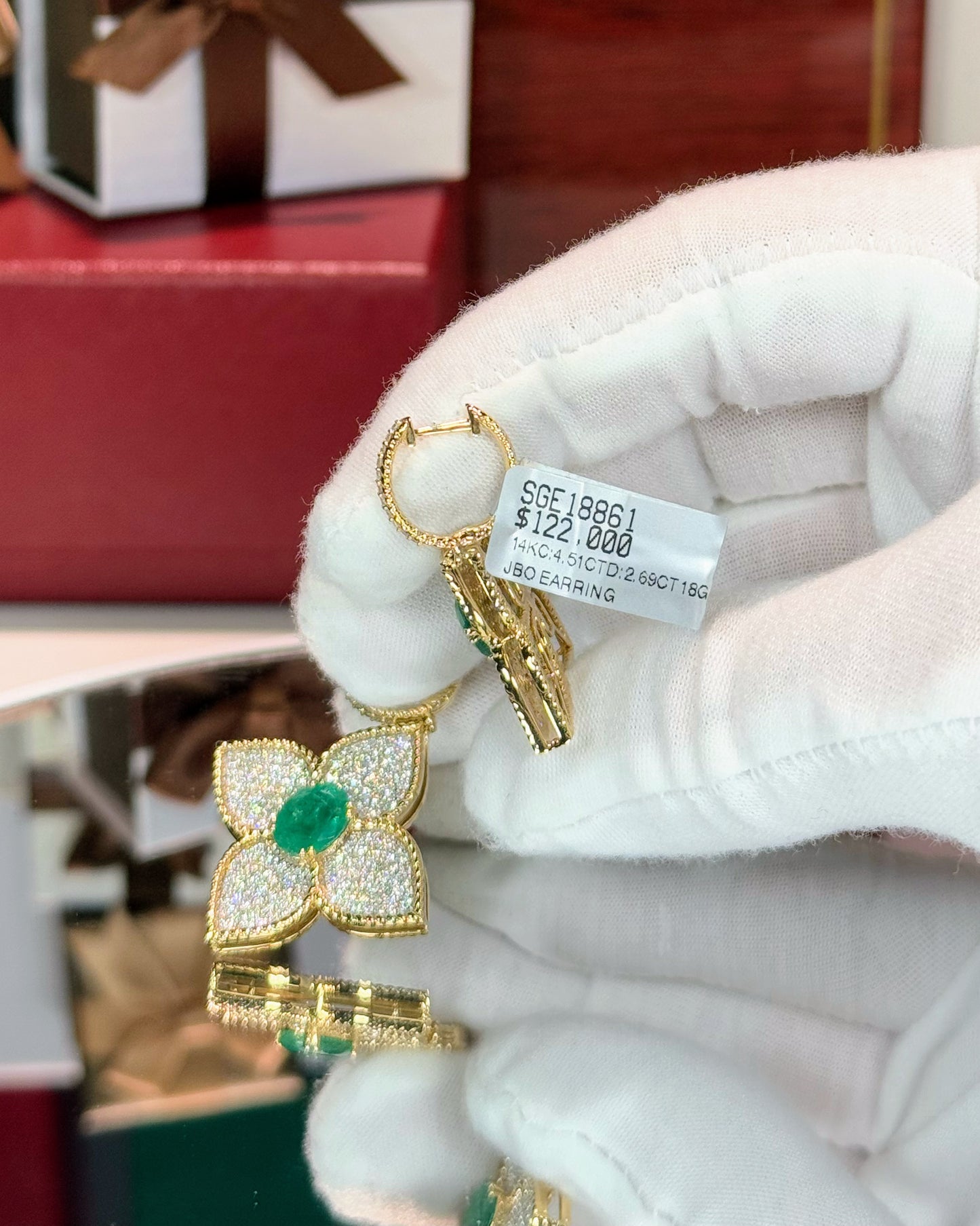 Diamond and Emerald Flower 14k Yellow Gold Earrings