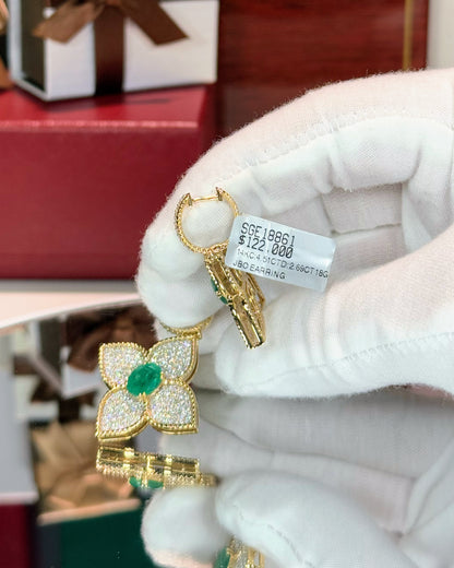 Diamond and Emerald Flower 14k Yellow Gold Earrings