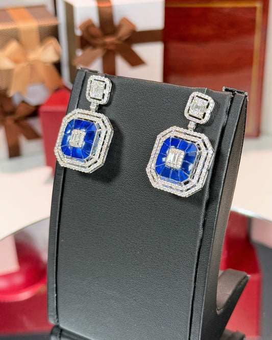 Invisible Setting Sapphire and Diamond 14k White Gold Earrings