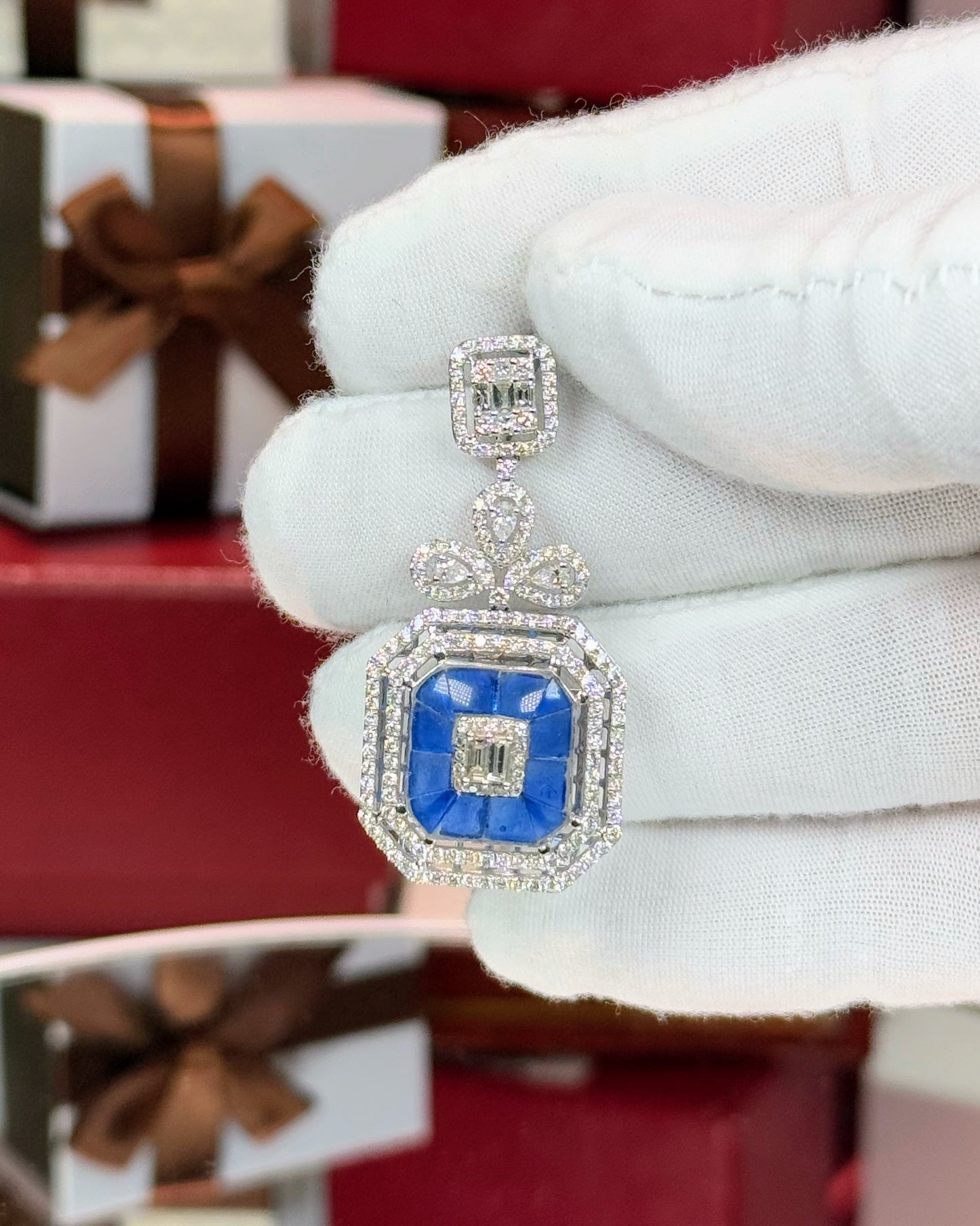 Invisible Setting Sapphire and Diamond 14k White Gold Pendant