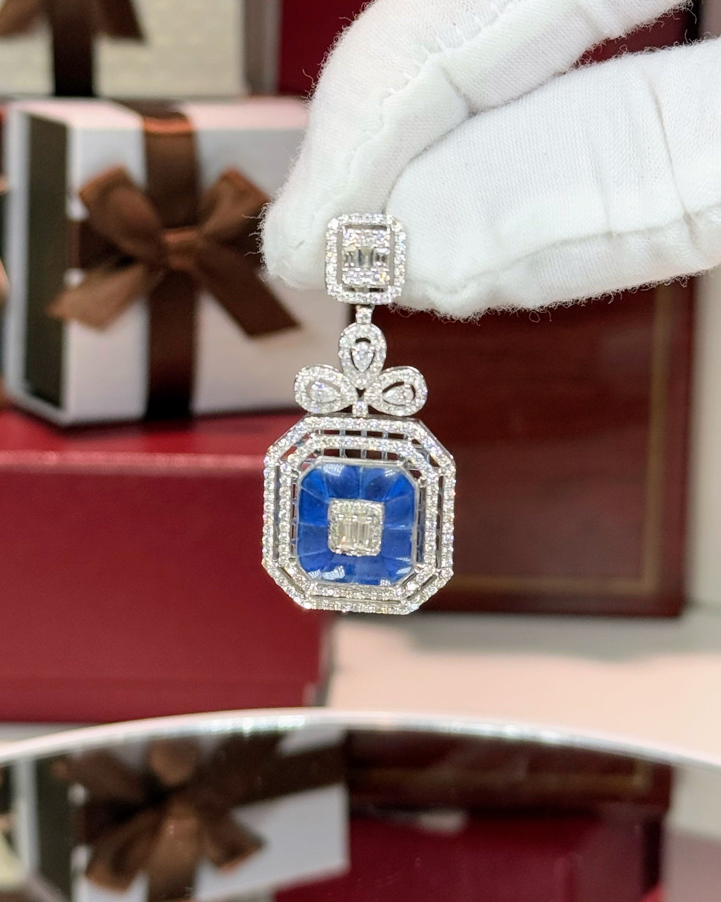 Invisible Setting Sapphire and Diamond 14k White Gold Pendant