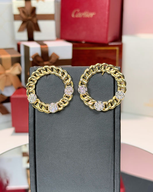 14k Yellow Gold Chain Hoop Diamond Earrings