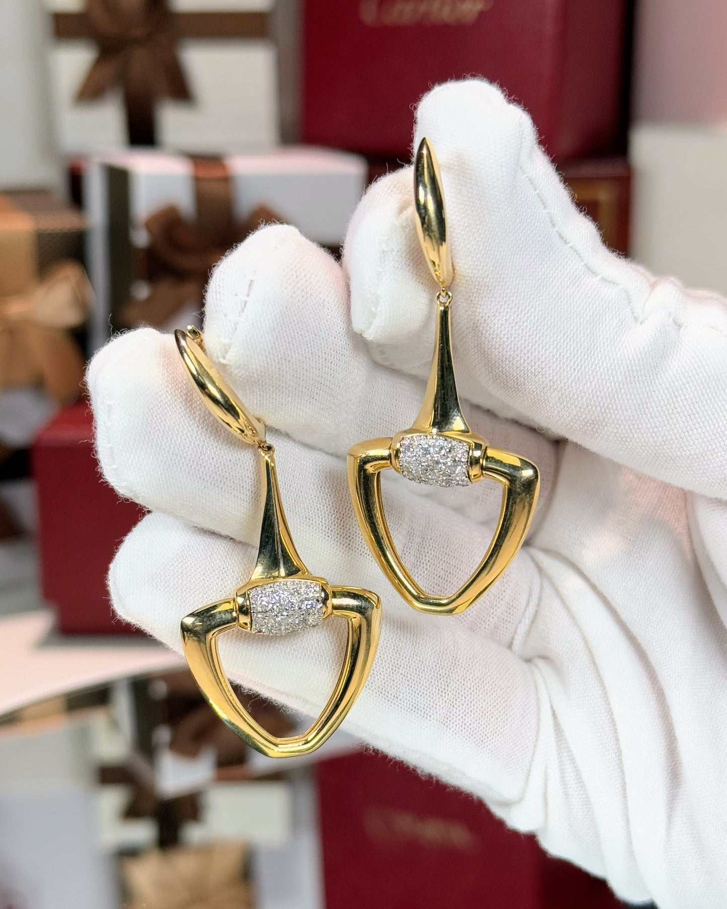 Shovel Design 14k Yellow Gold Diamond Earrings