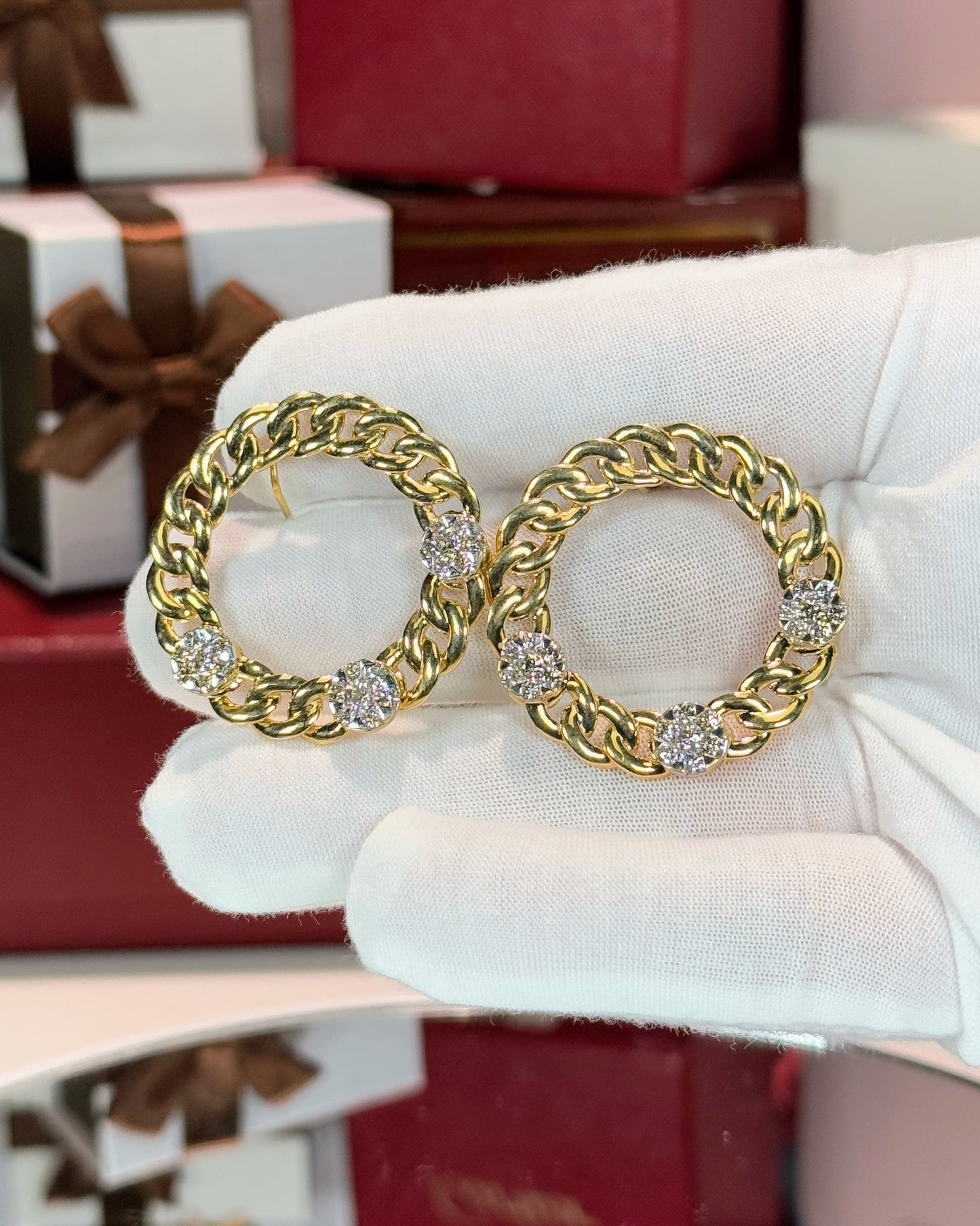 14k Yellow Gold Chain Hoop Diamond Earrings