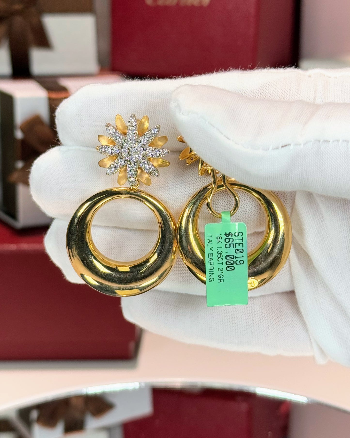 Flower and Donut 18k Yellow Gold Diamond Earrings