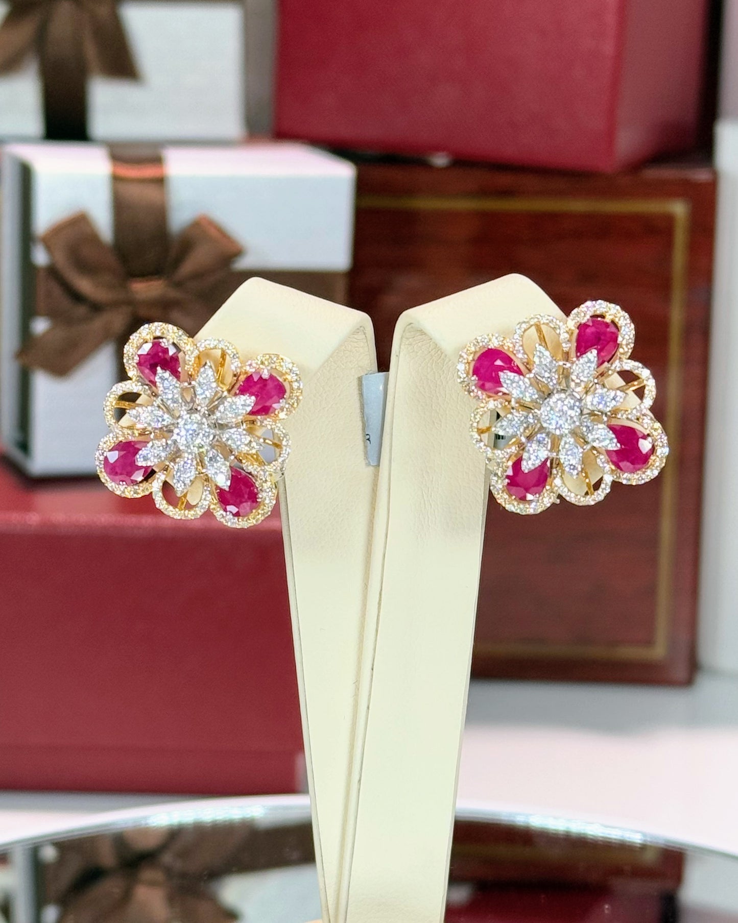 Diamond and Ruby Flower 14k Yellow Gold Earrings