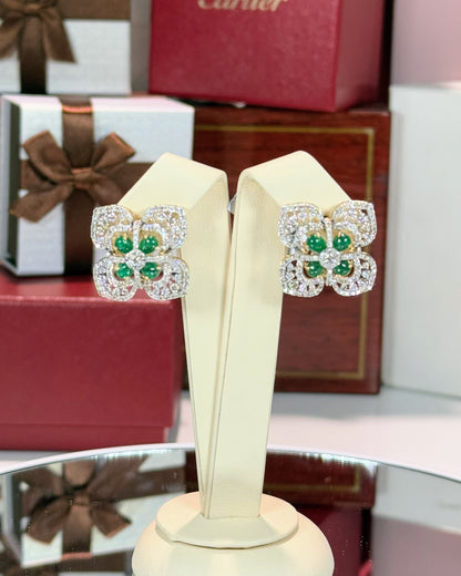 Diamond and Emerald Flower 14k Yellow Gold Earrings