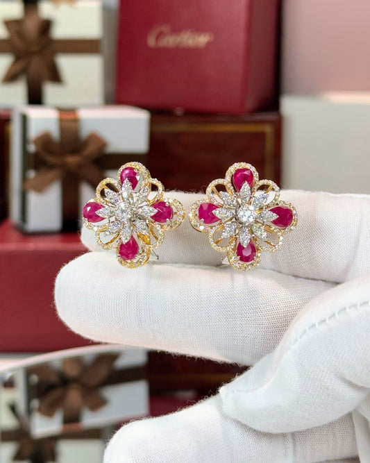 Diamond and Ruby Flower 14k Yellow Gold Earrings