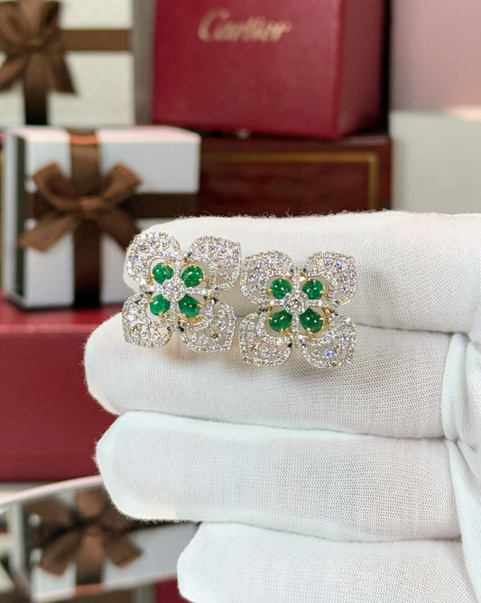 Diamond and Emerald Flower 14k Yellow Gold Earrings