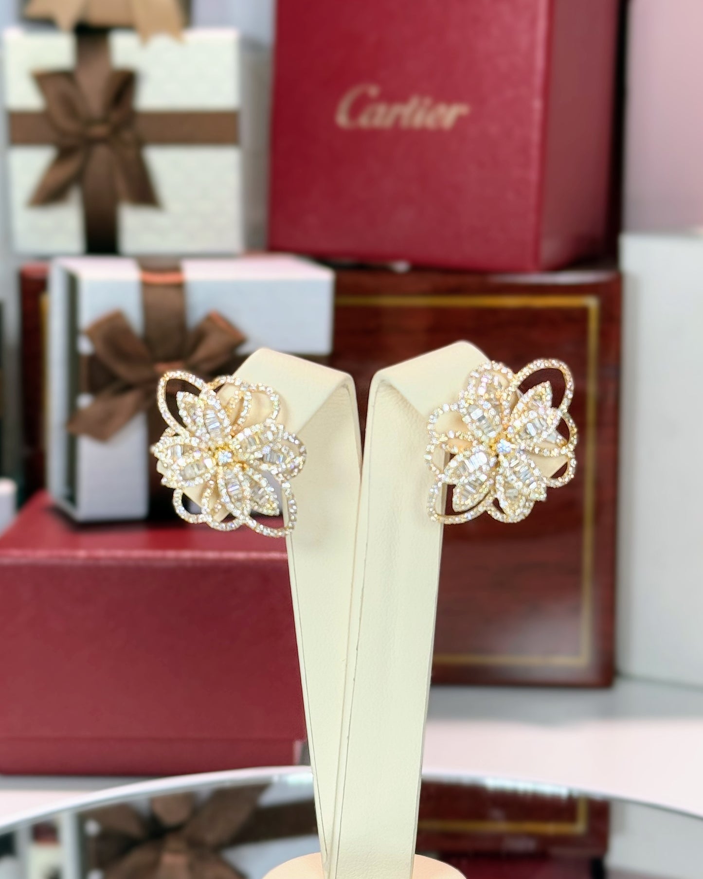 14k Yellow Gold Diamond Flower Earrings