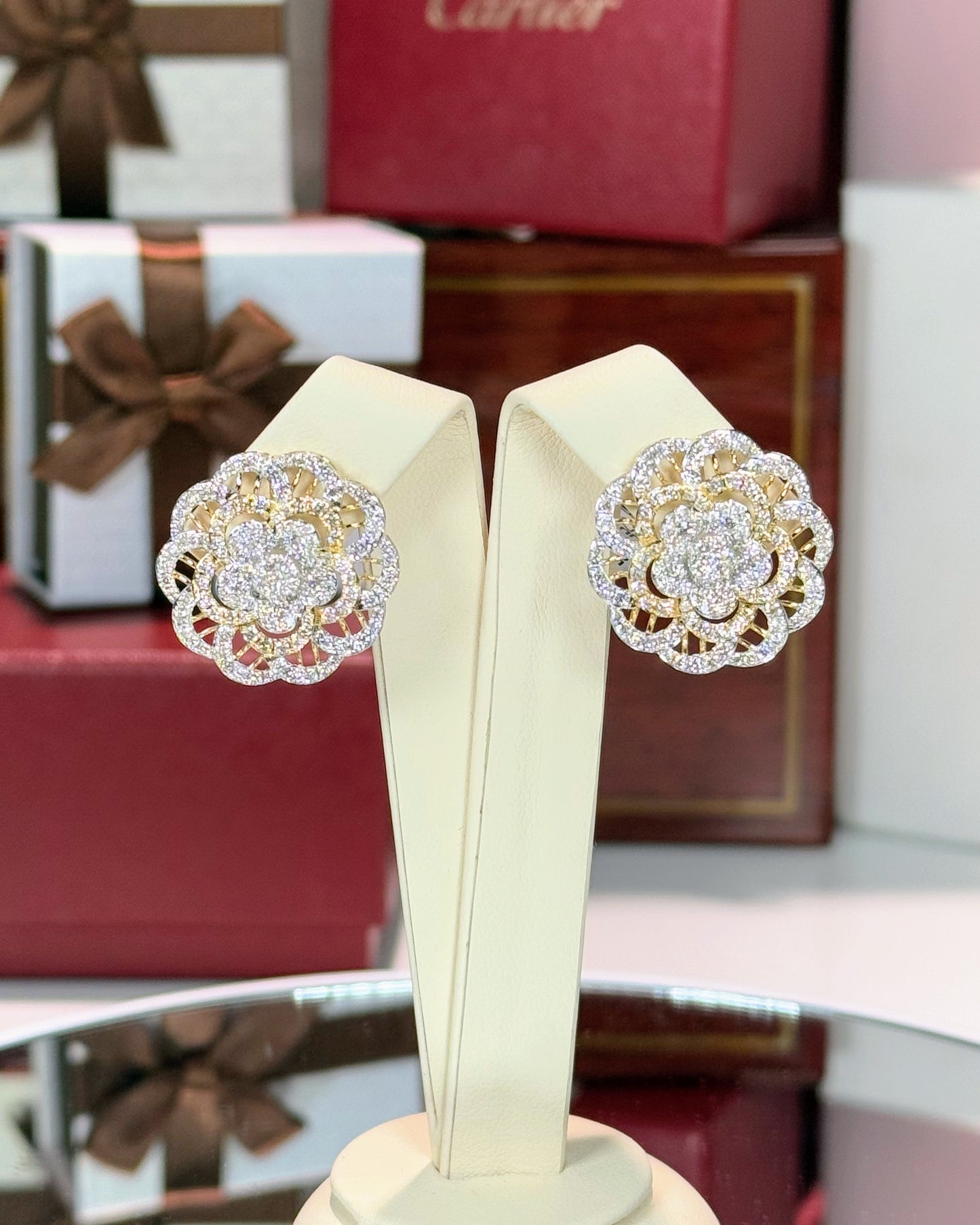 14k Yellow Gold Diamond Flower Earrings