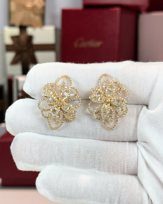 14k Yellow Gold Diamond Flower Earrings
