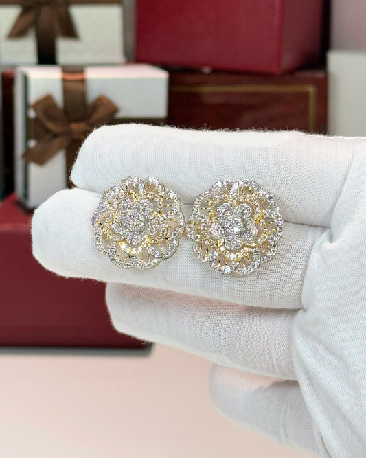 14k Yellow Gold Diamond Flower Earrings