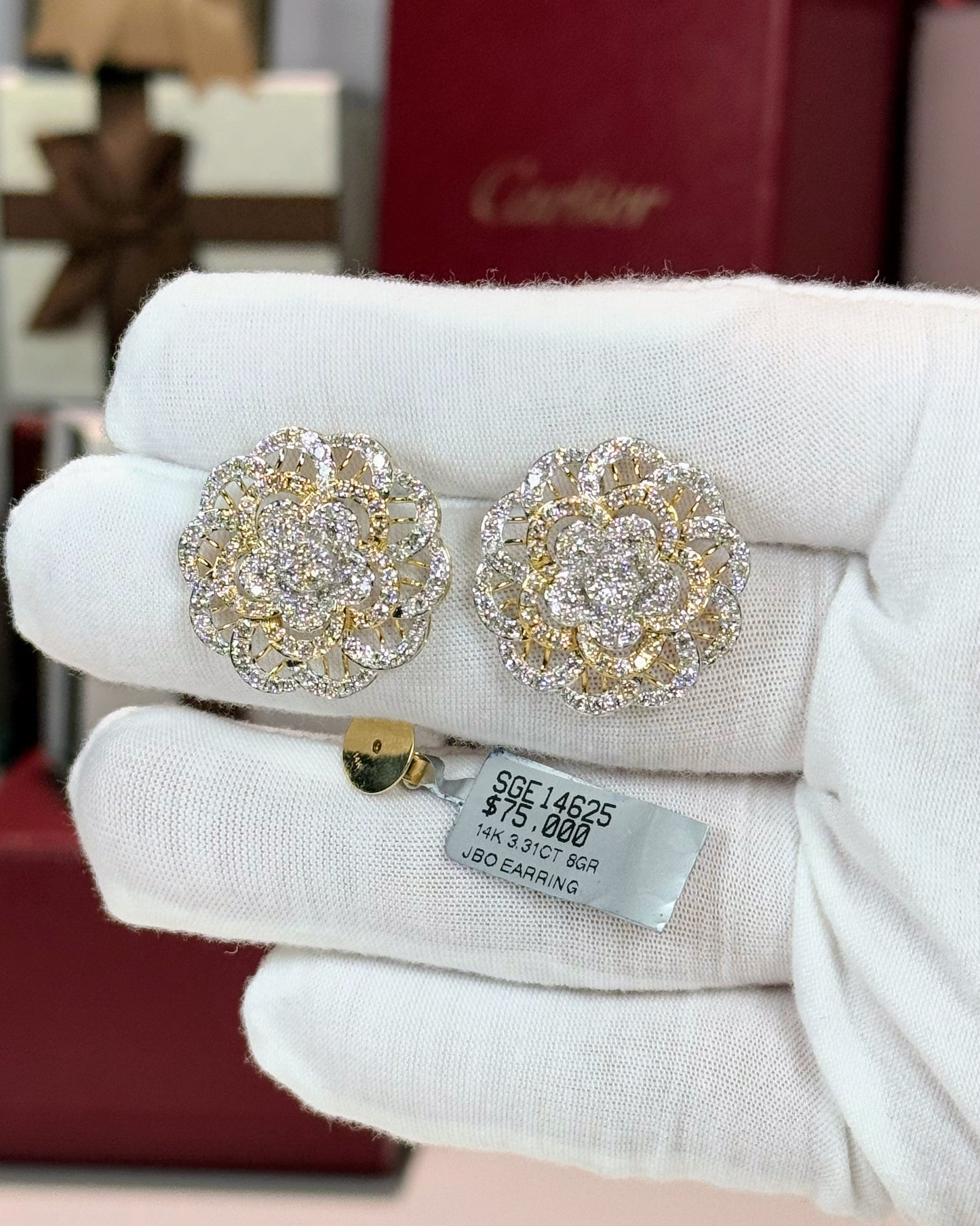 14k Yellow Gold Diamond Flower Earrings