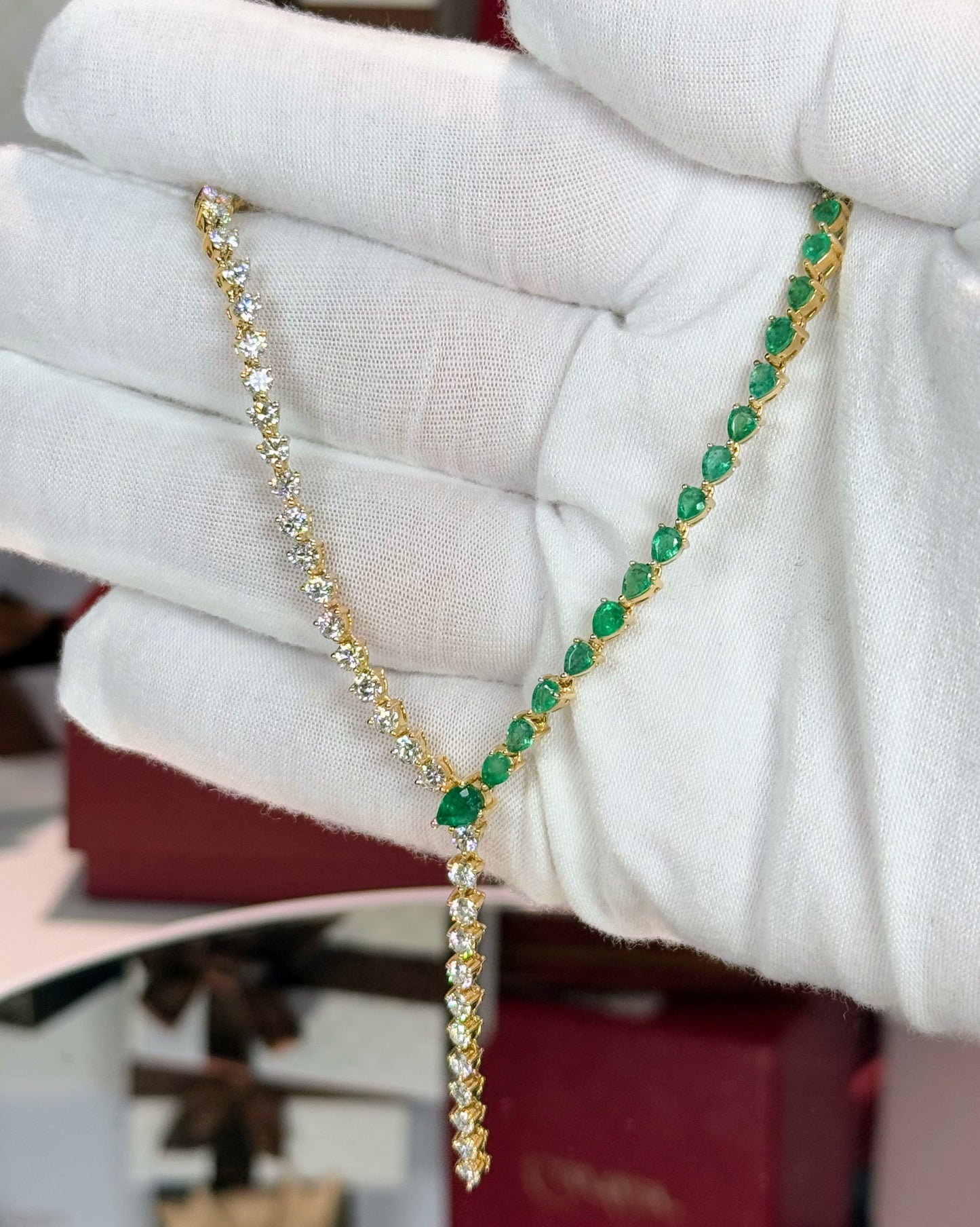 14k Yellow Gold Emerald and Diamond Lariat Necklace
