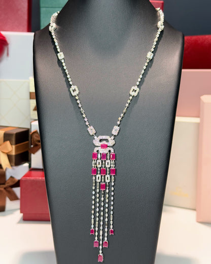 14k White Gold Ruby and Diamond Lavalier Necklace