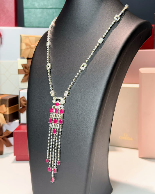 14k White Gold Ruby and Diamond Lavalier Necklace