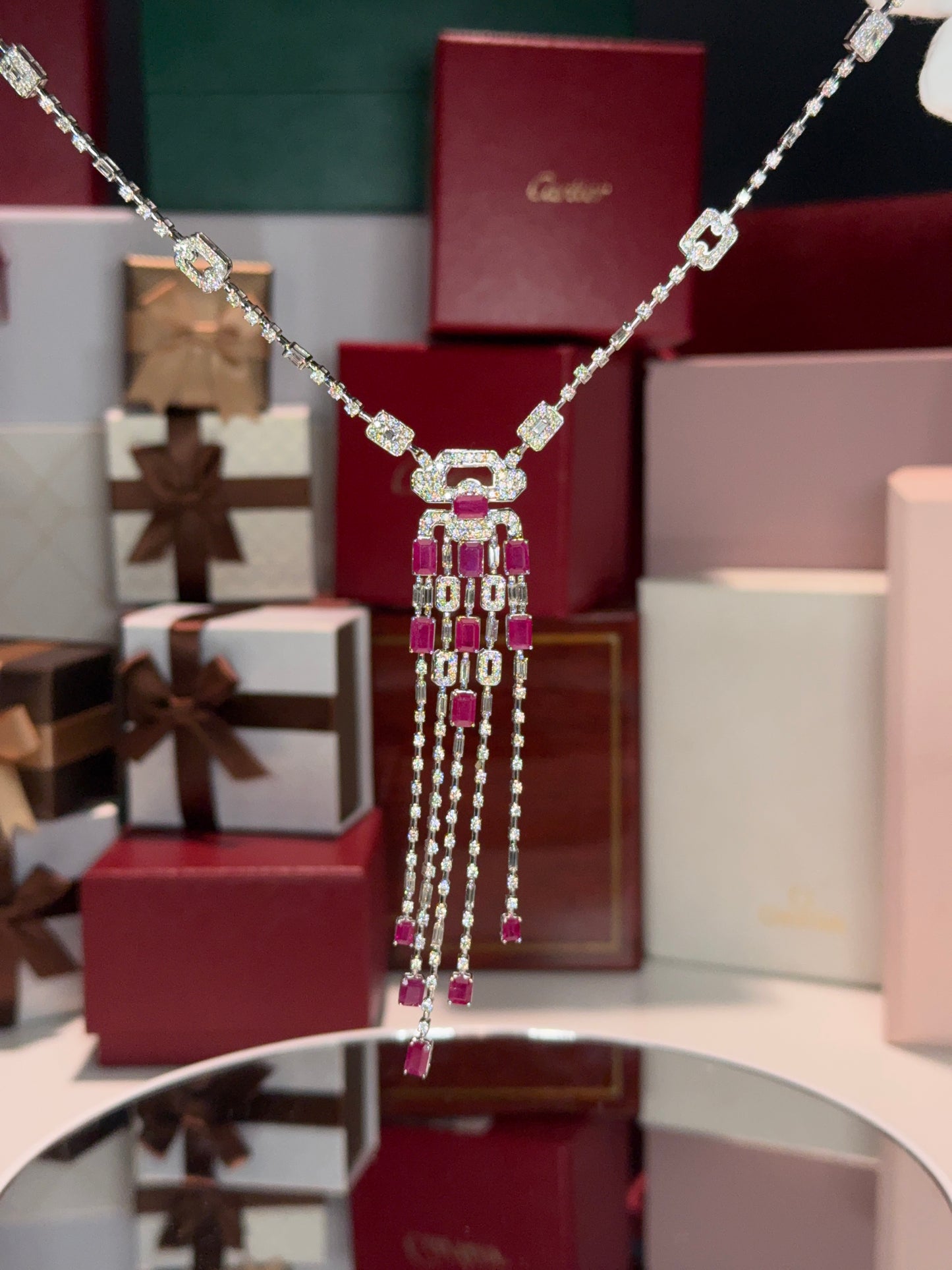 14k White Gold Ruby and Diamond Lavalier Necklace