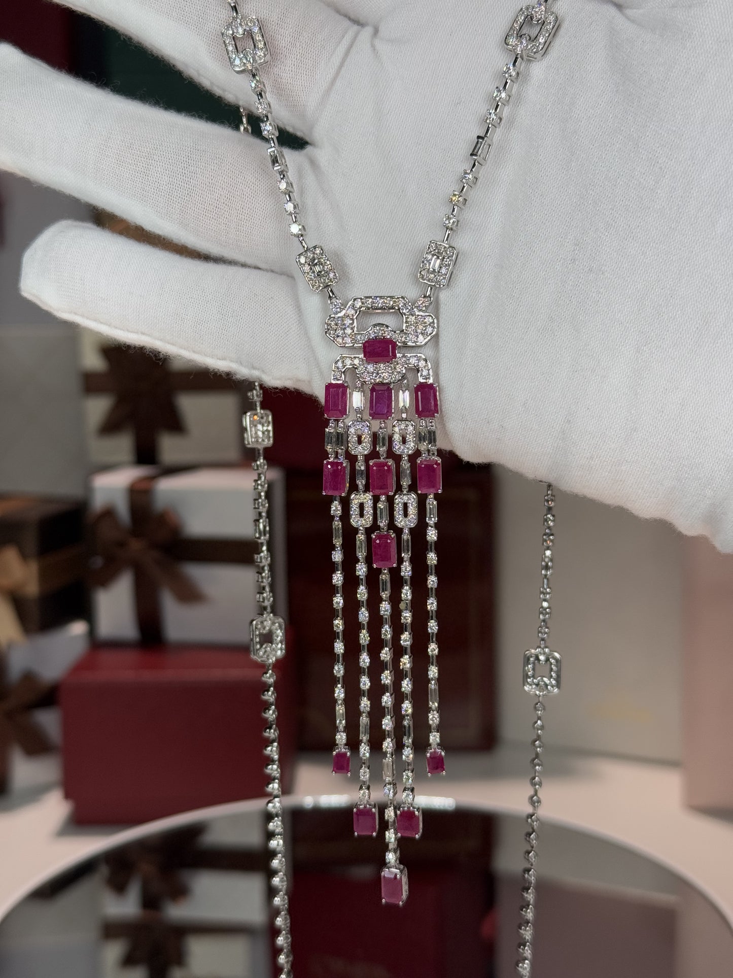 14k White Gold Ruby and Diamond Lavalier Necklace