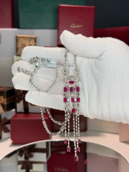 14k White Gold Ruby and Diamond Lavalier Necklace