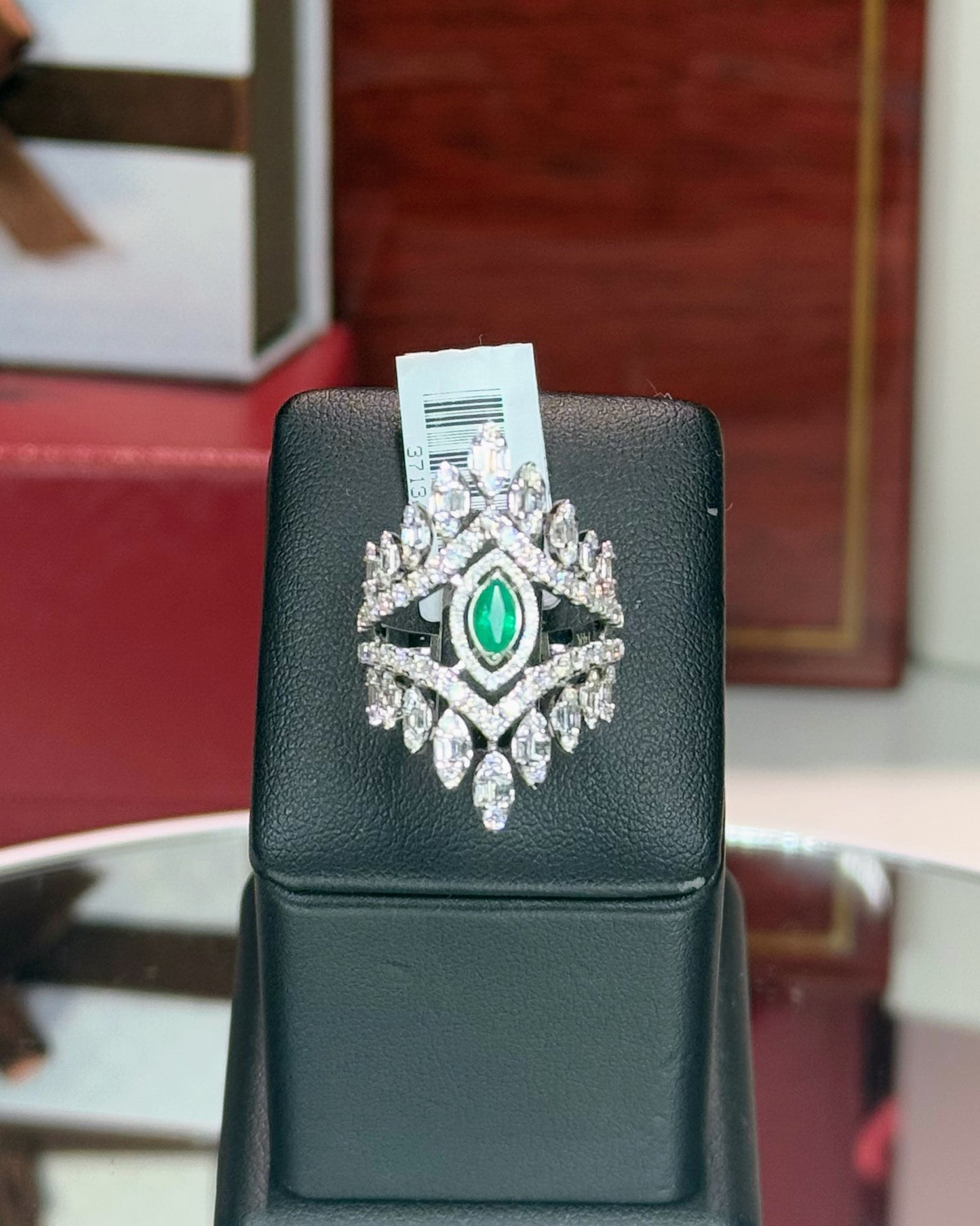 14k White Gold Marquise Emerald and Diamond Ring