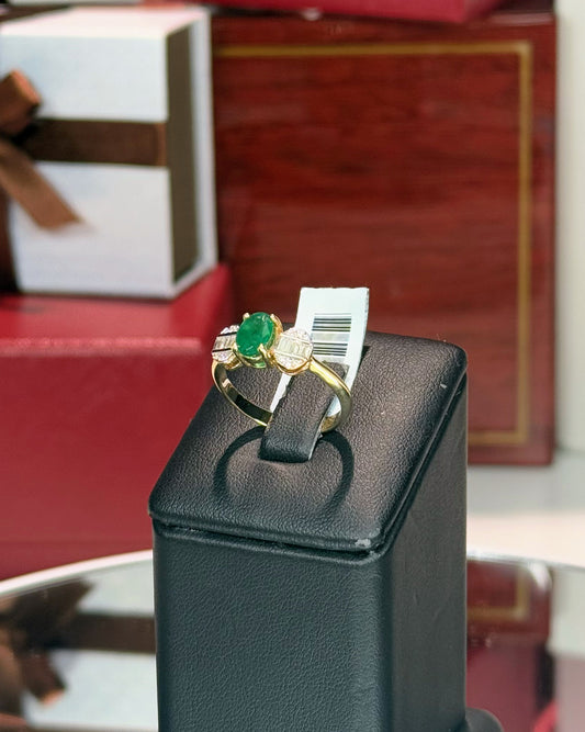 14k Yellow Gold Bowtie Design Emerald and Diamond Ring