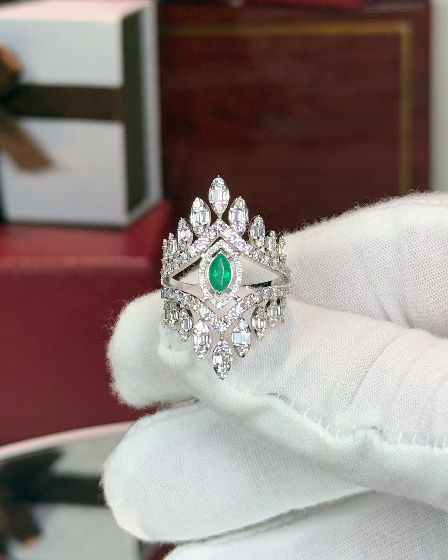 14k White Gold Marquise Emerald and Diamond Ring