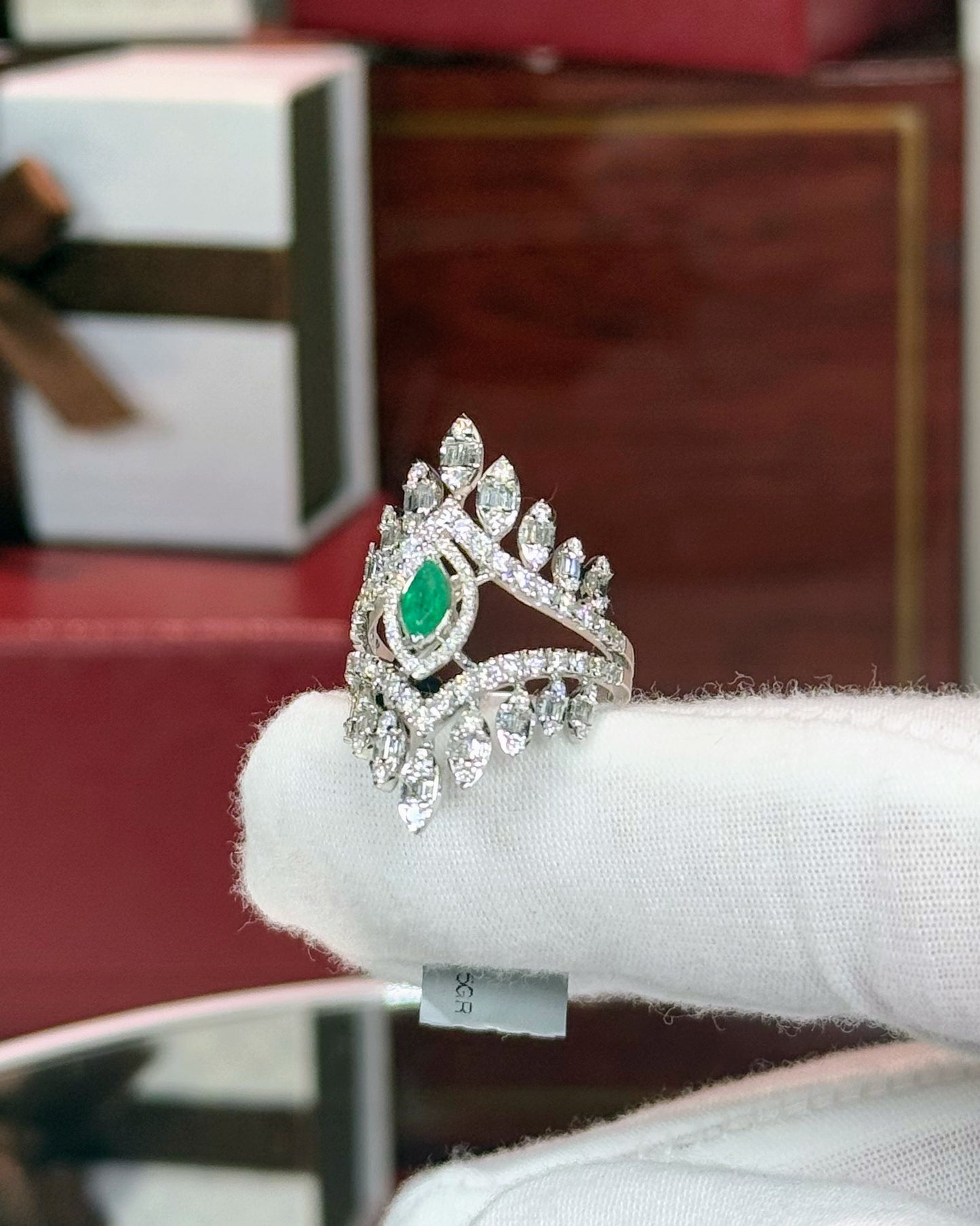 14k White Gold Marquise Emerald and Diamond Ring