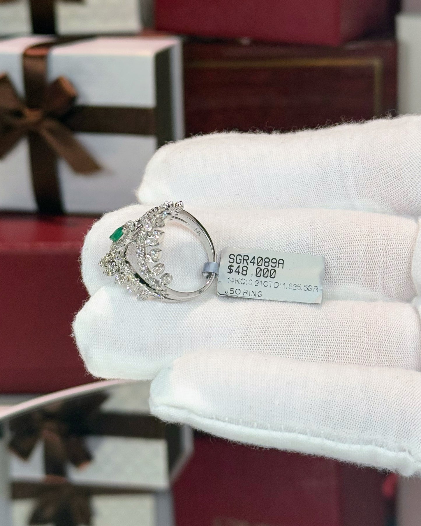 14k White Gold Marquise Emerald and Diamond Ring