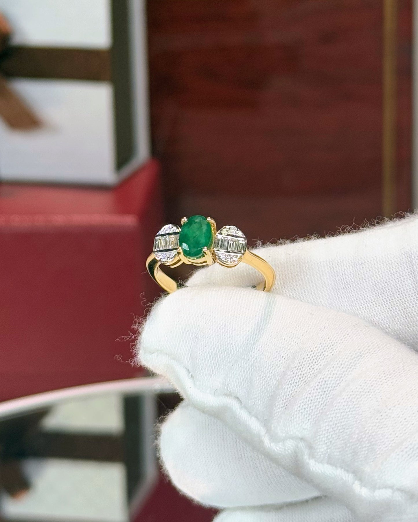 14k Yellow Gold Bowtie Design Emerald and Diamond Ring