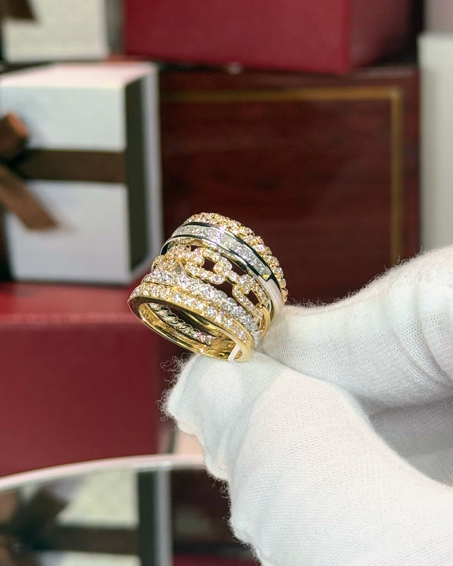 Layered Chains Design 14k Yellow Gold Diamond Ring
