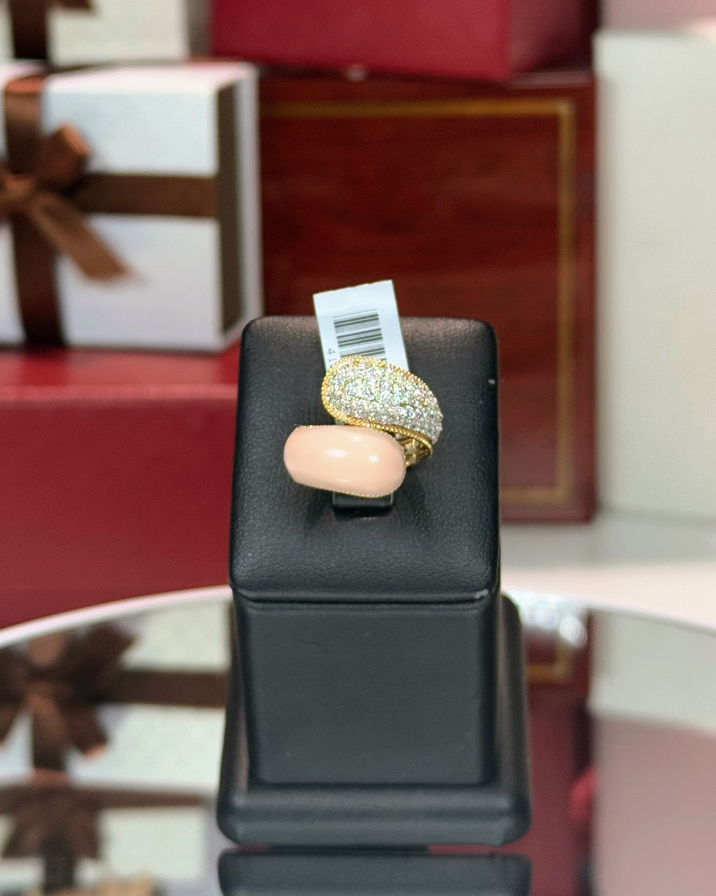 14k Yellow Gold Coral and Diamond Bypass Ring