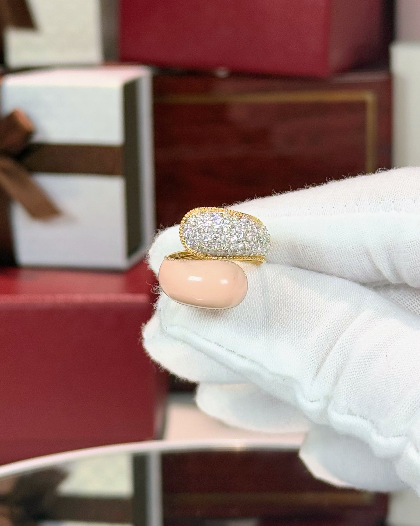 14k Yellow Gold Coral and Diamond Bypass Ring