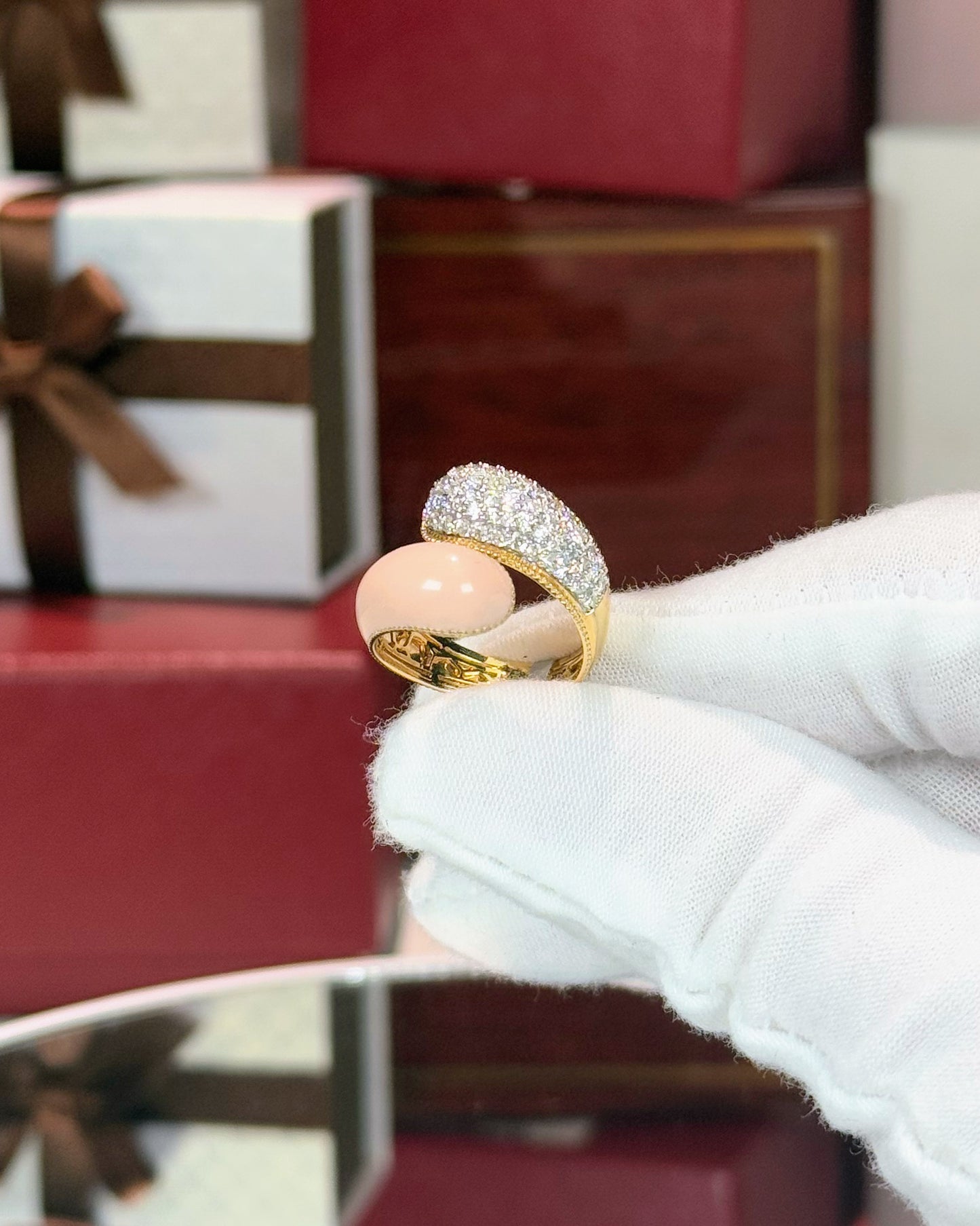 14k Yellow Gold Coral and Diamond Bypass Ring