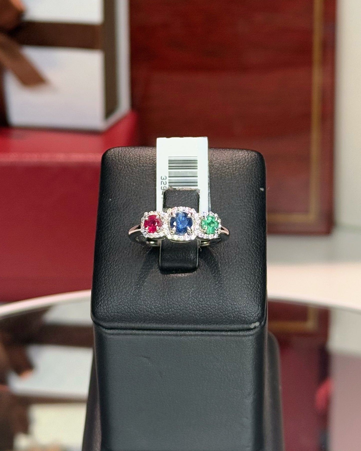 14k White Gold Three Colorstone Halo Diamond Ring