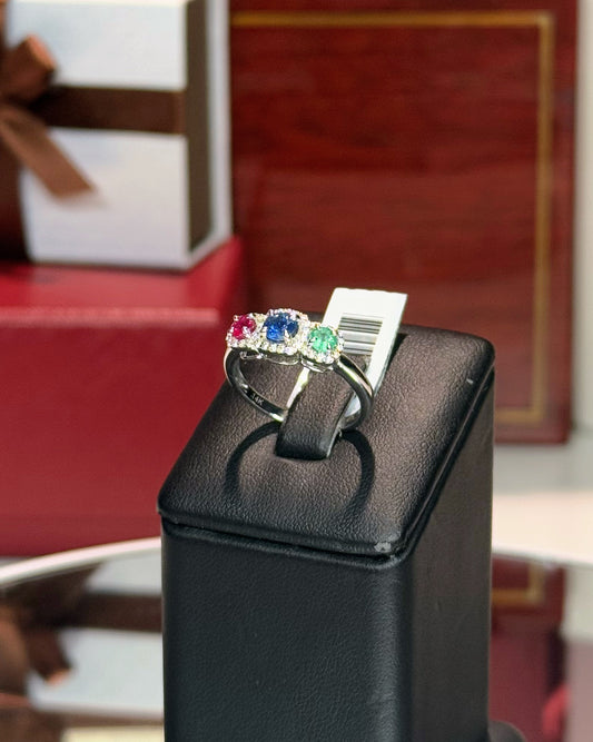 14k White Gold Three Colorstone Halo Diamond Ring