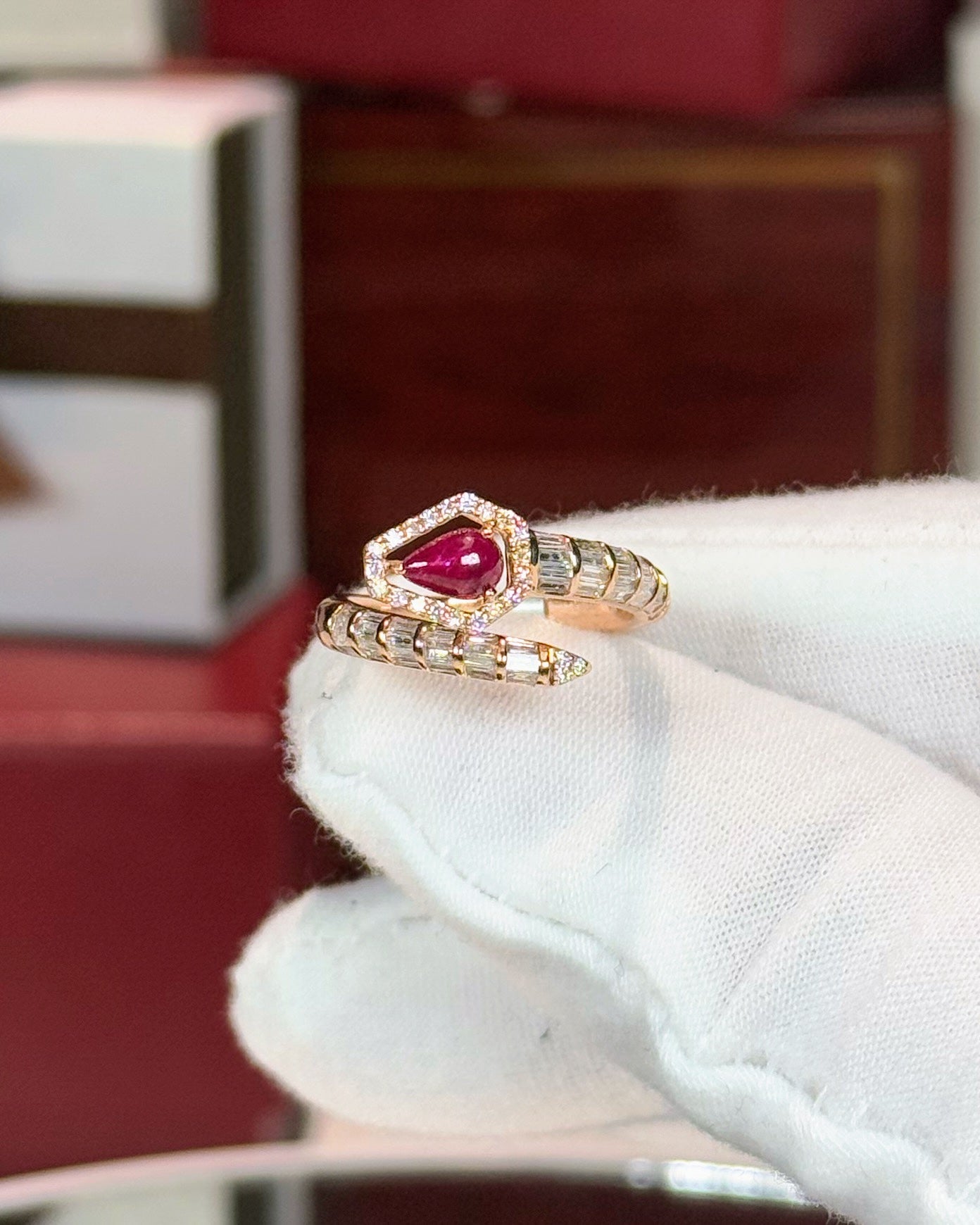 14k Rose Gold Ruby Head Serpent Wrap Ring