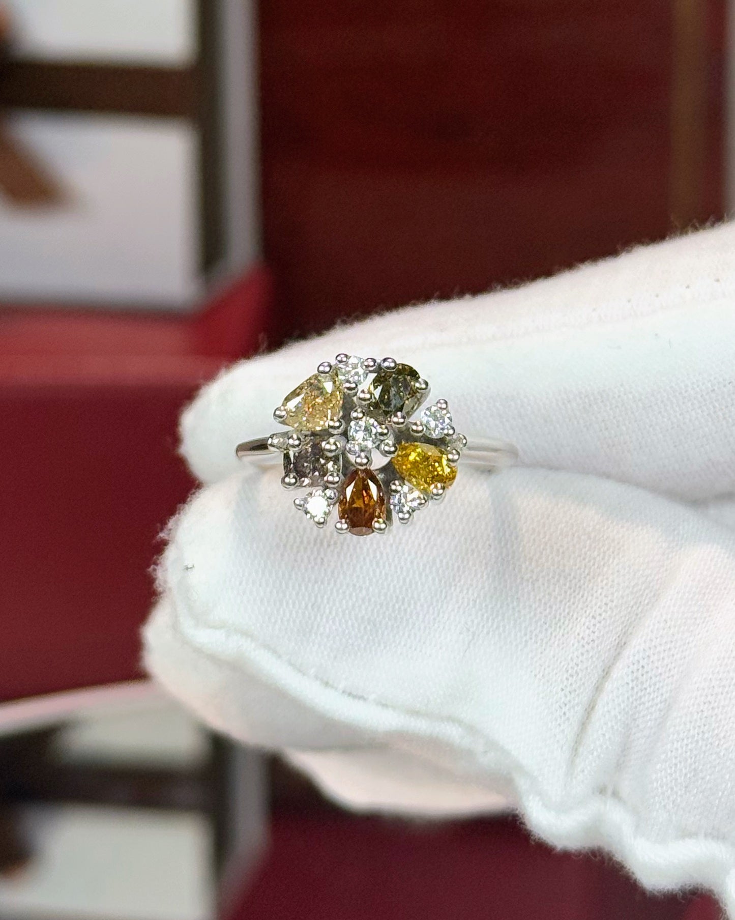 14k White Gold Fancy Color Diamond Cluster Ring