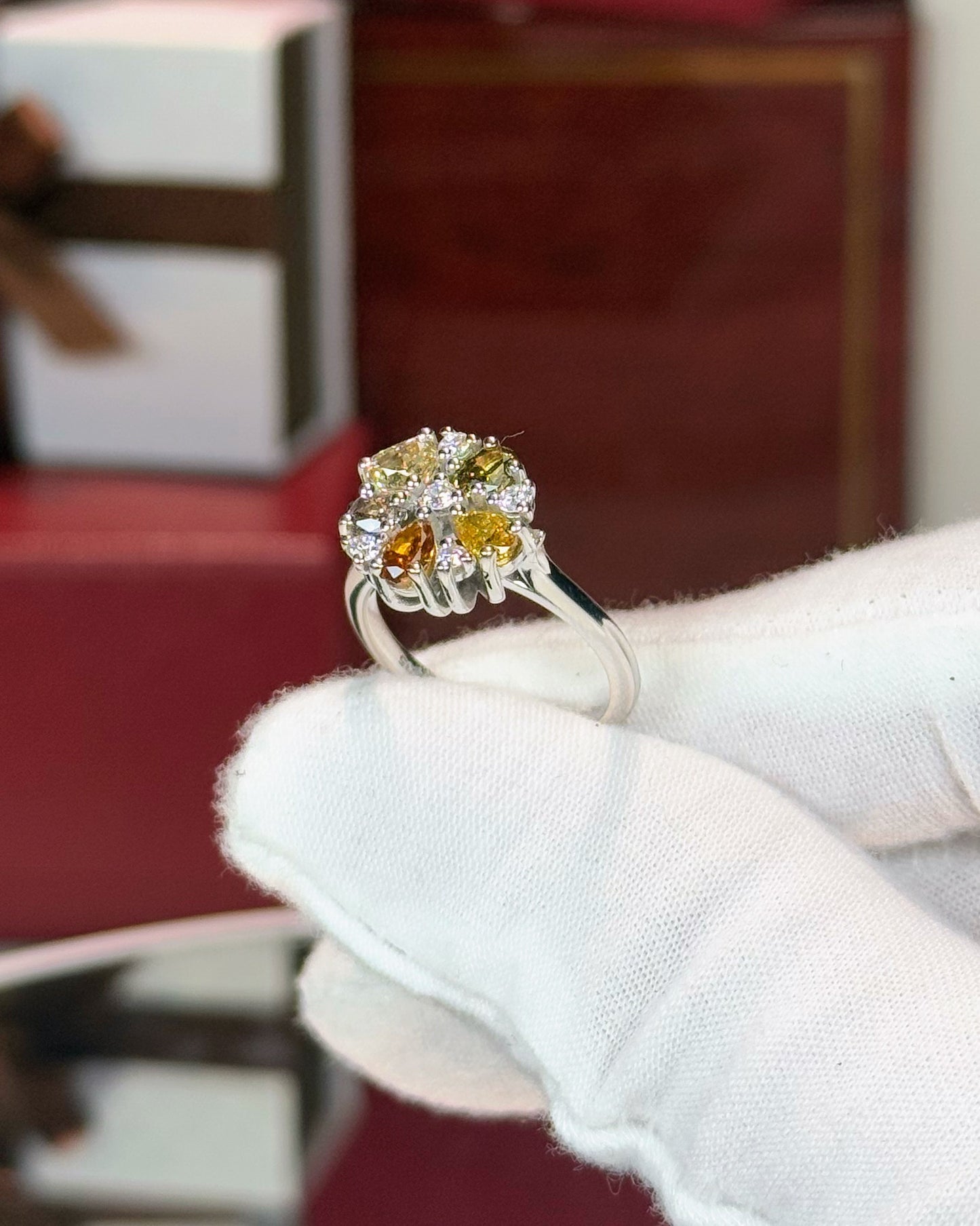 14k White Gold Fancy Color Diamond Cluster Ring