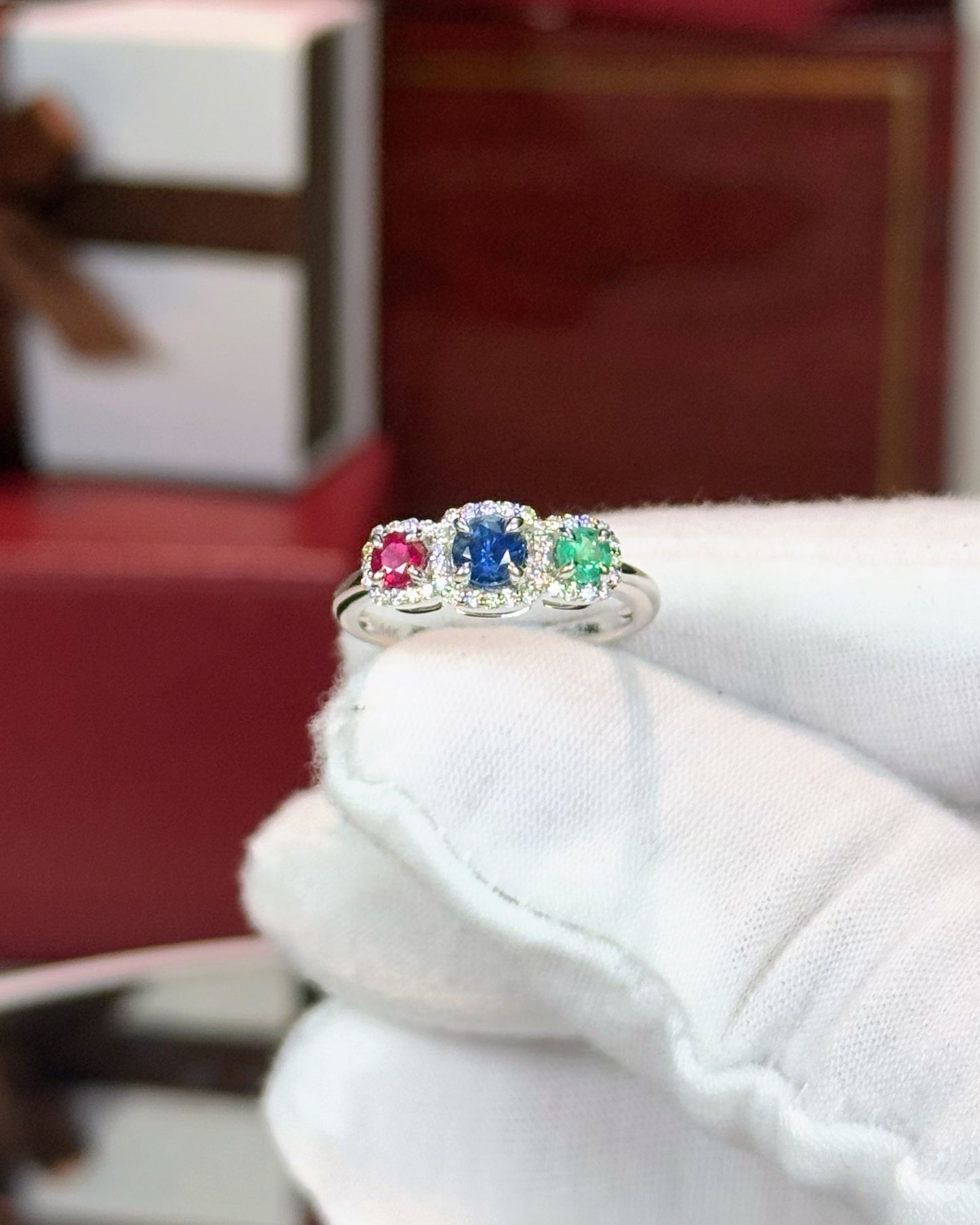 14k White Gold Three Colorstone Halo Diamond Ring