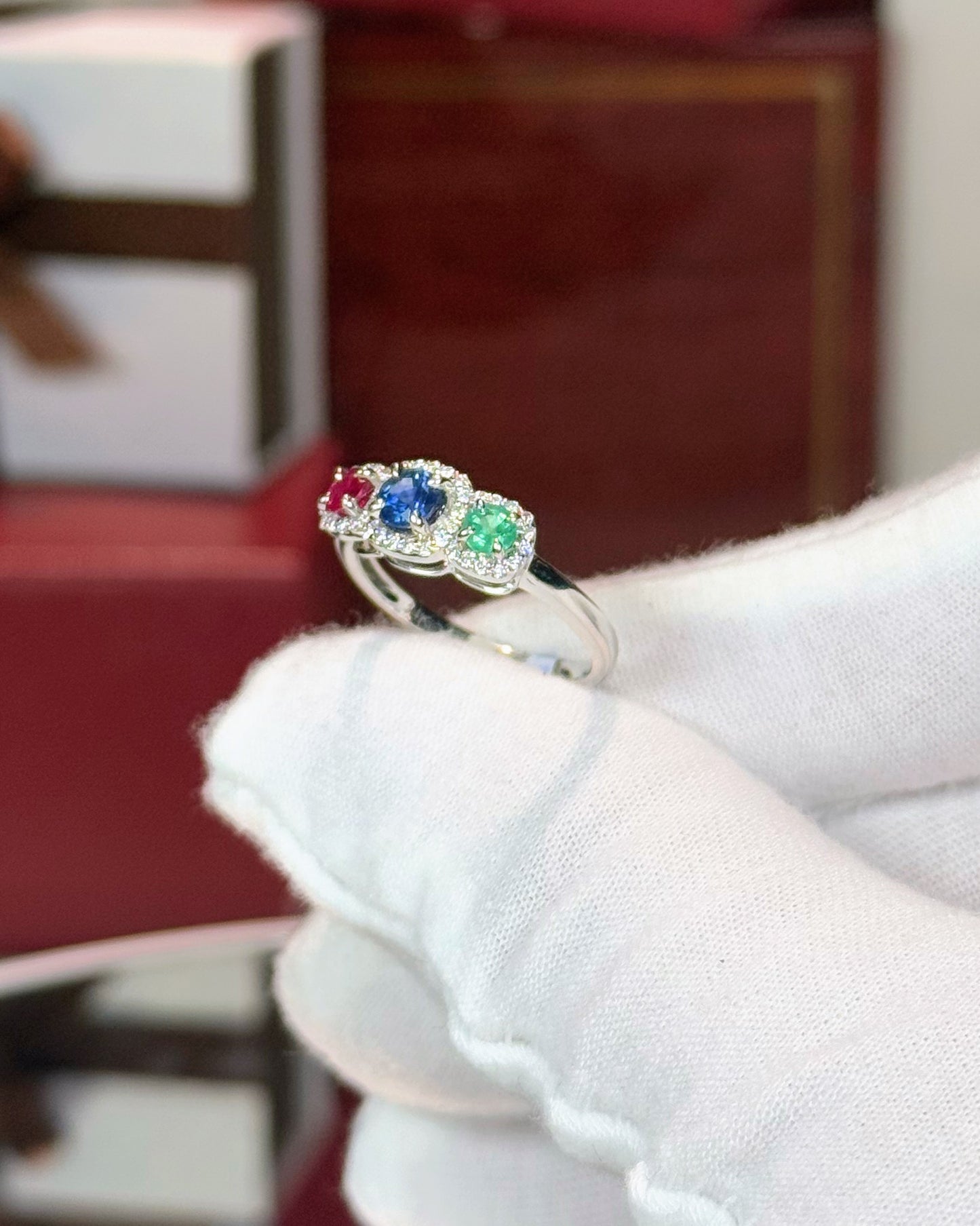 14k White Gold Three Colorstone Halo Diamond Ring