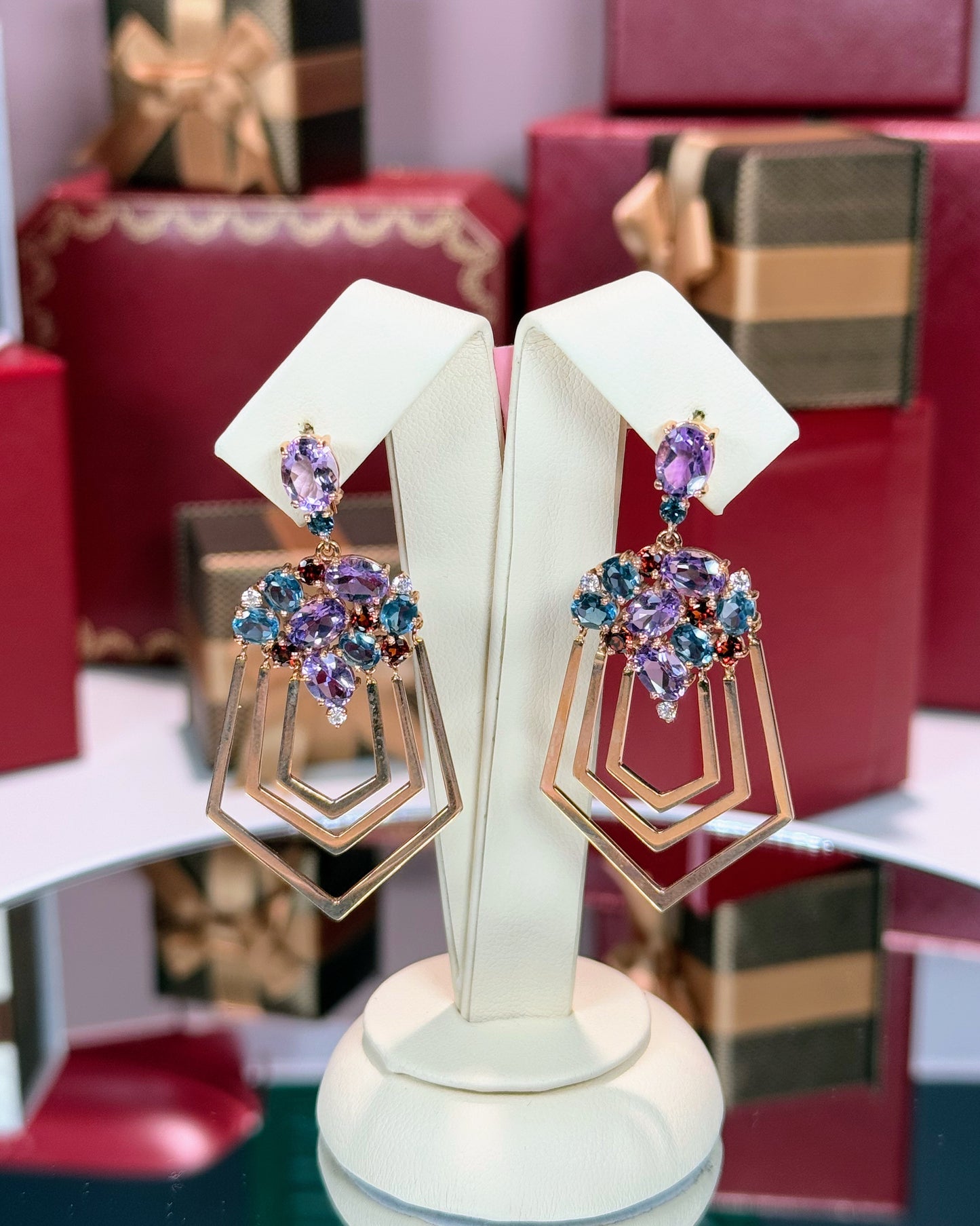 14k Rose Gold Assorted Colorstones Polygon Earrings