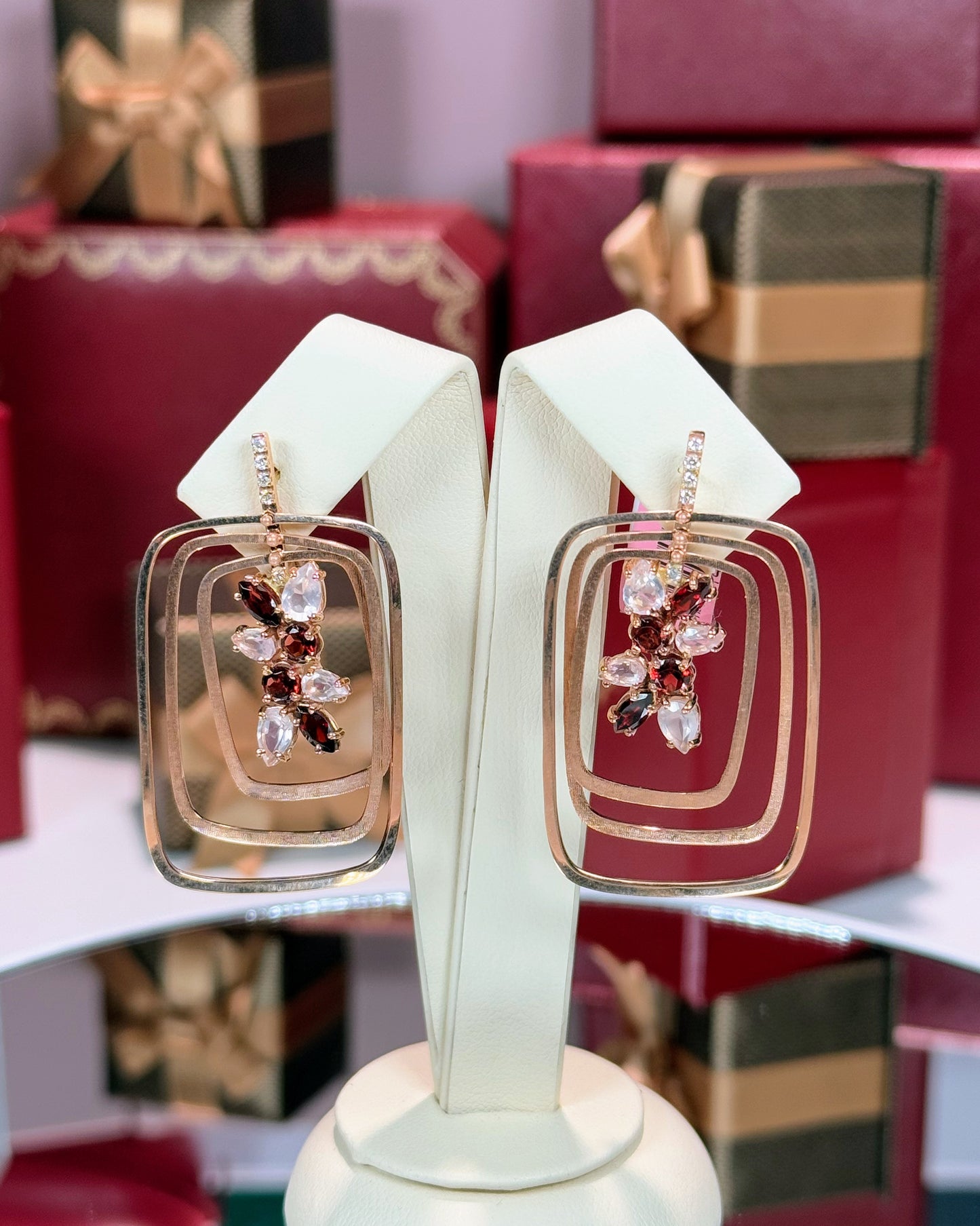 14k Rose Gold Garnet and Moonstone Rectangle Earrings