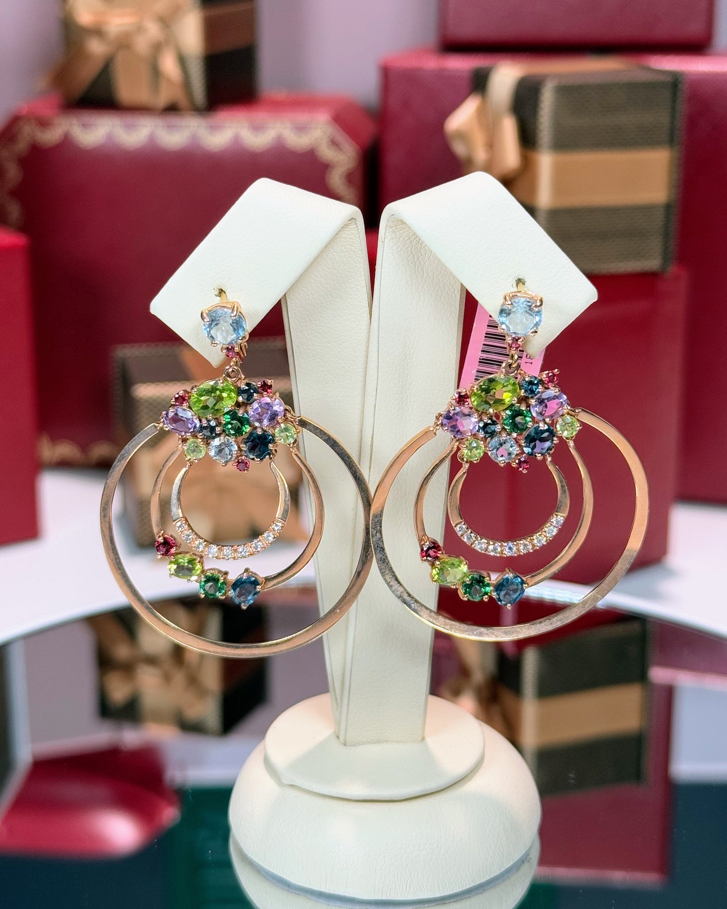 14k Rose Gold Assorted Colorstones Circle Earrings